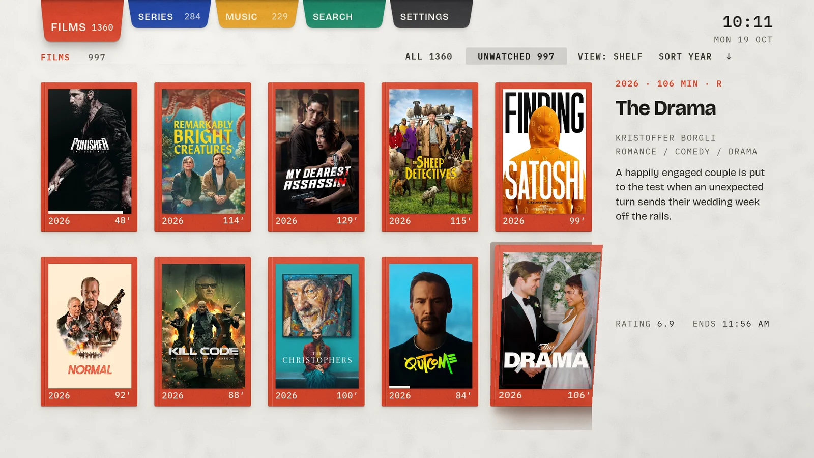Fold skin on a TV: Films library: the shelf