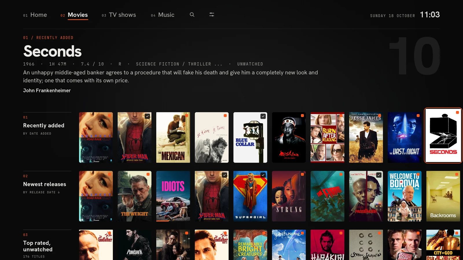 Majan skin on a TV: Movies hub: three stacked rows