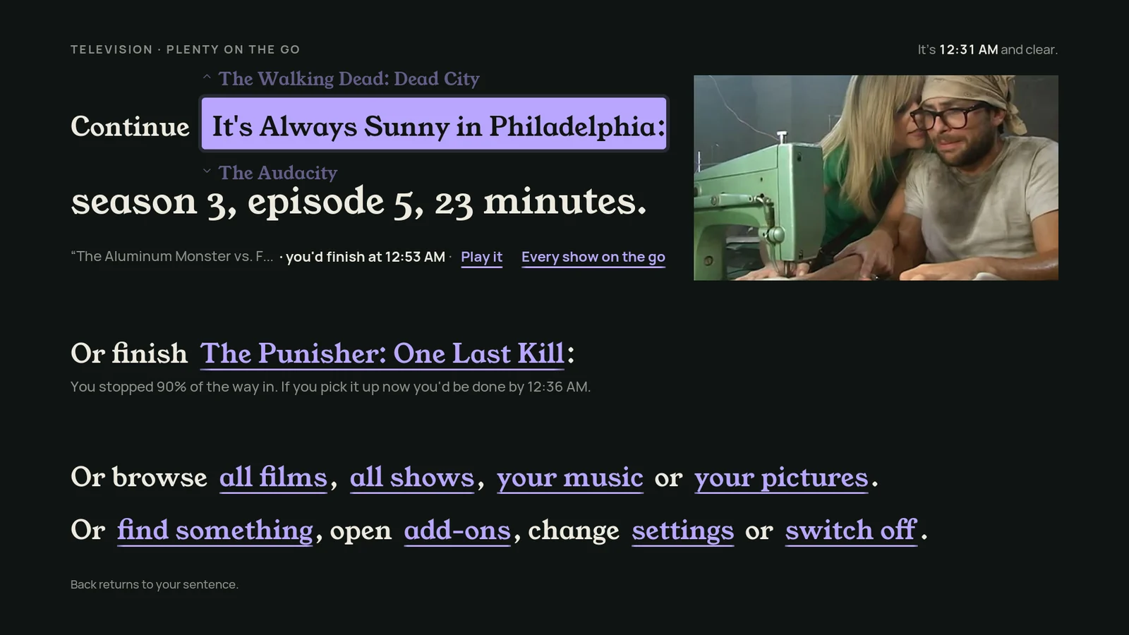 Sentence skin on a TV: Home, page two: continue a show