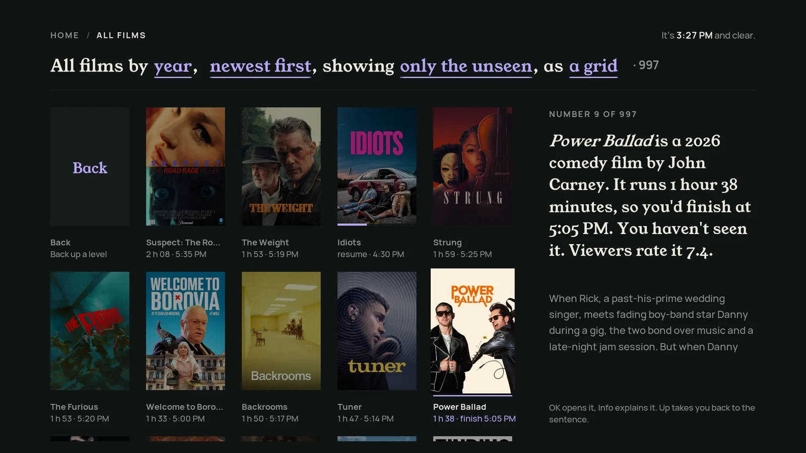 Sentence skin on a TV: Films library: the sentence header